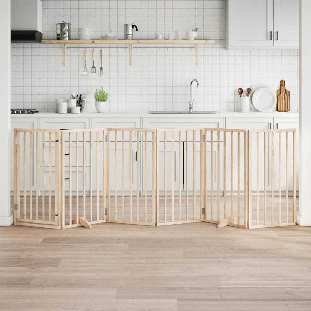 Barrière chien haute 90cm avec porte 6 panneaux bois pliable 300cm brun
