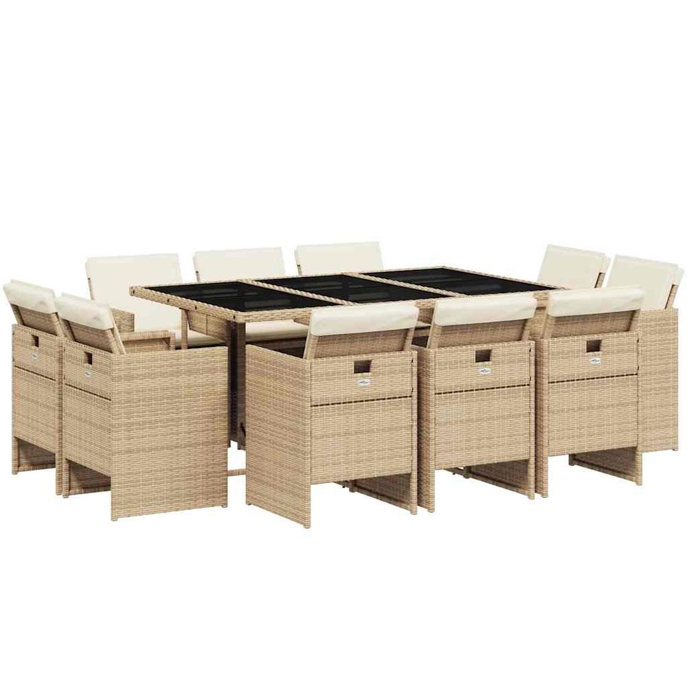 Ensemble à manger de jardin et coussins 11 pcs beige poly rotin