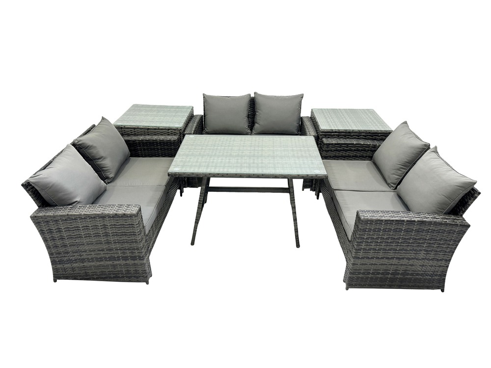 6 pcs salon de jardin avec table à manger rectangulaire canapé à deux places 2 tables d'appoint gris foncé mixte