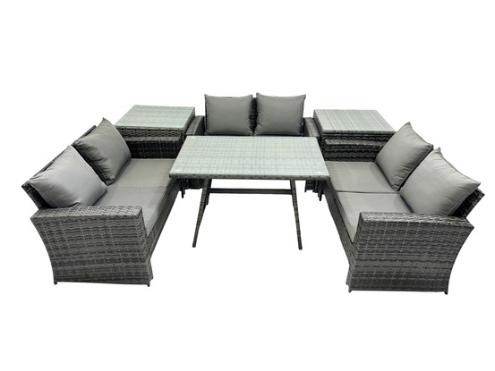 6 pcs salon de jardin avec table à manger rectangulaire canapé à deux places 2 tables d'appoint gris foncé mixte