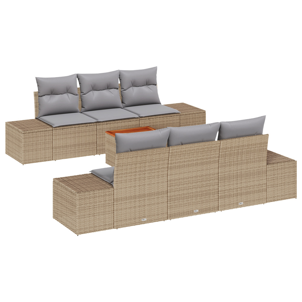 Ensemble de canapé de jardin 7 pièces avec coussins beige poly rotin acacia