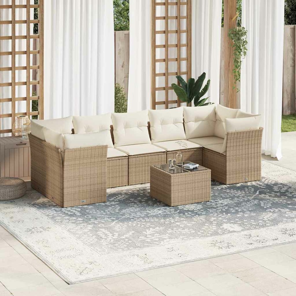 Salon de jardin avec coussins 8 pcs beige résine tressée