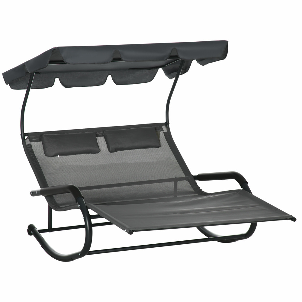 Chaise longue double pour 2 personnes, coussins et auvent inclus, 200 cm x 139 cm x 140 cm, gris