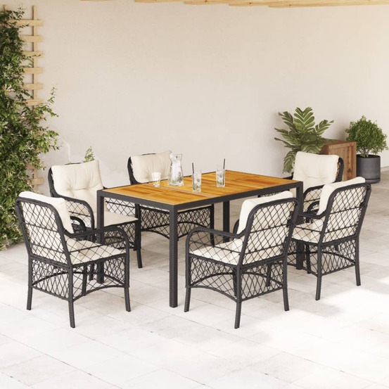 Ensemble à manger de jardin coussins 7pcs noir résine tressée