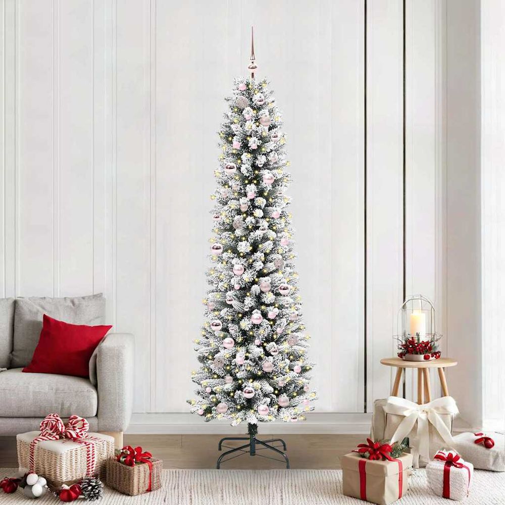 Sapin de noël floqué 210 cm avec 300 led et décorations, kit complet ambiance neige