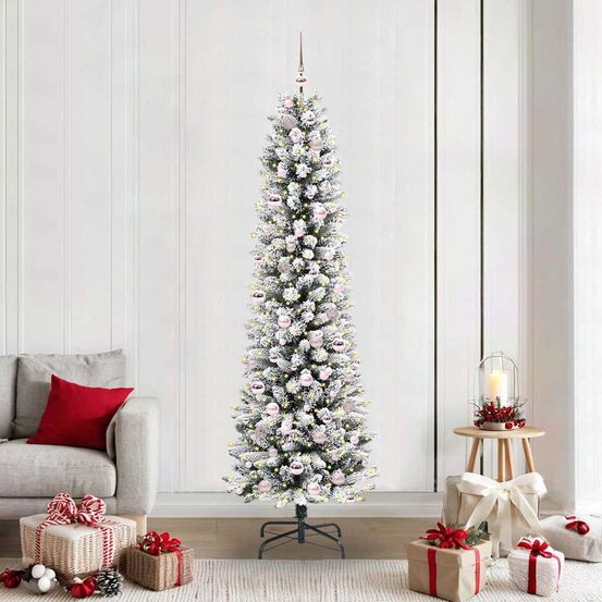 Sapin de noël floqué 210 cm avec 300 led et décorations, kit complet ambiance neige