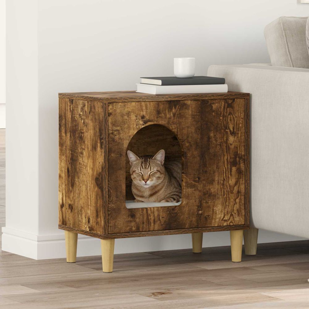 Abri chat intérieur chêne fumé brun 52cm pour chat sombre calme sûr