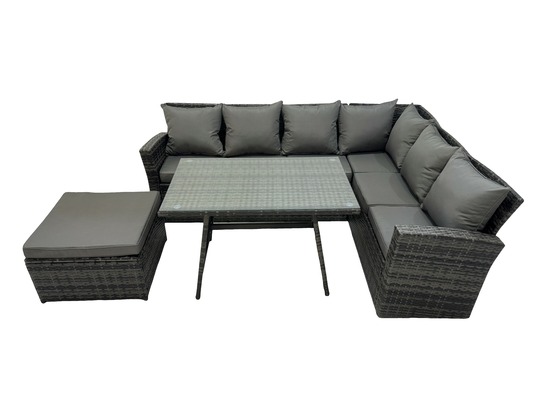 Ensemble de meubles de jardin en polyrotin table à manger avec grand tabouret 7 places gris foncé mixte