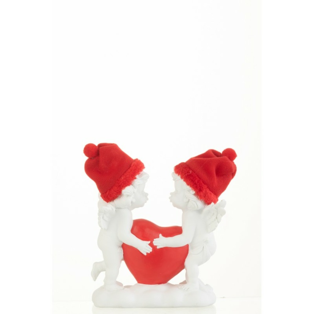 2 anges avec coeur rouge en résine blanche 12.5x7.5x16.5 cm h17.7