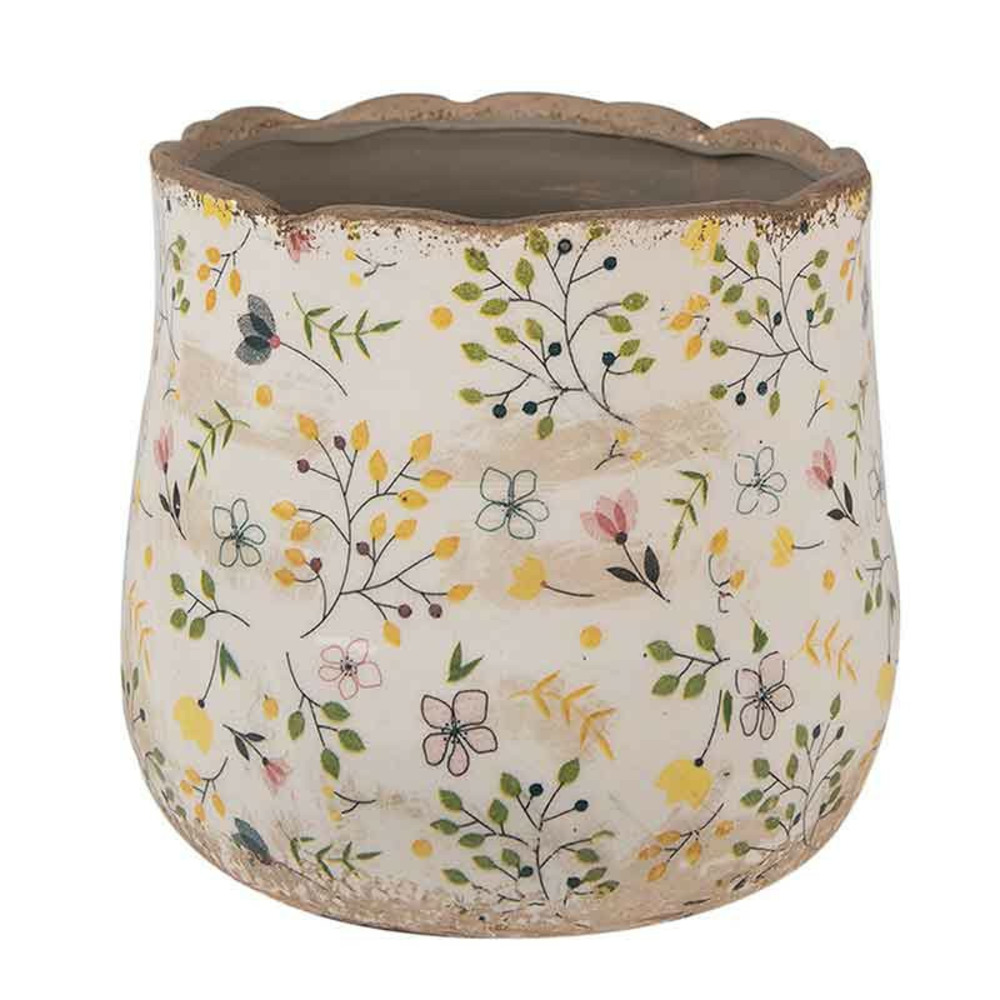 Cache pot fleuri céramique jaune 18x16cm