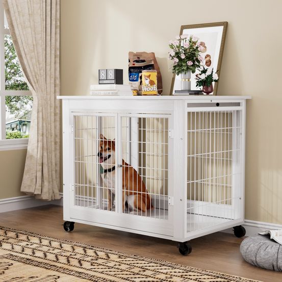 Cage chien meuble intérieur bois acier avec roulettes et toit ouvrant 80x56x69cm blanc