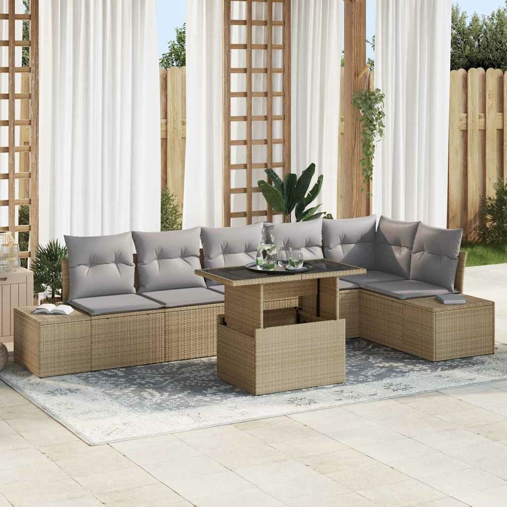 Ensemble de canapé de jardin 7 pcs beige poly rotin
