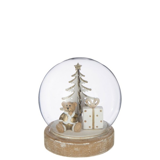 Boule décorative noël socle bois en verre transparent 12x12x13 cm