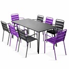 Ensemble table de jardin et 8 fauteuils en métal violet et gris