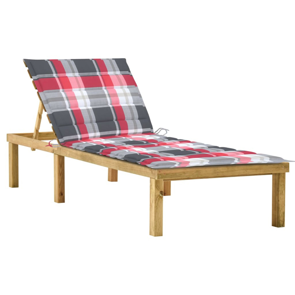 Chaise longue avec coussin carreaux rouge bois de pin imprégné bain de soleil