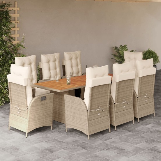 Ensemble à manger de jardin et coussins 9 pcs beige poly rotin