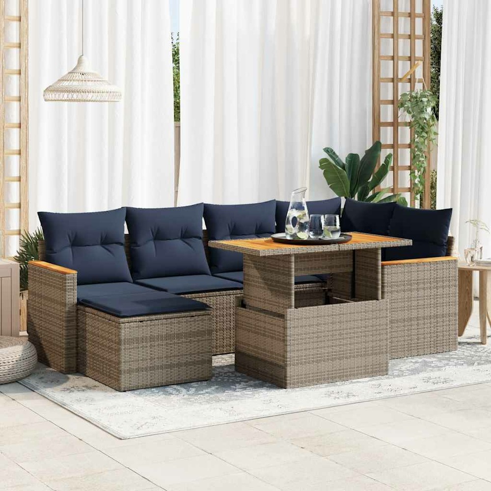 Salon de jardin avec coussins 7 pcs gris résine tressée
