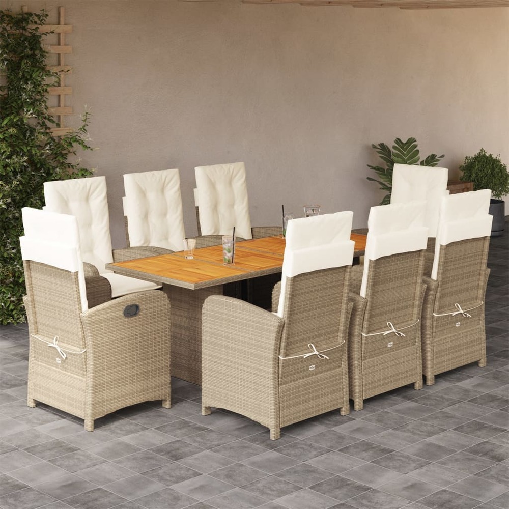 Ensemble à manger de jardin et coussins 9 pcs beige poly rotin