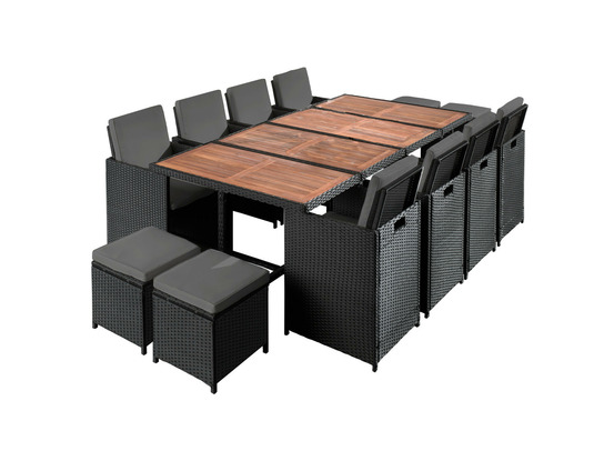 Cuba - salon de jardin encastrable 12 places - en résine tressée - noir avec coussins gris + housse de protection