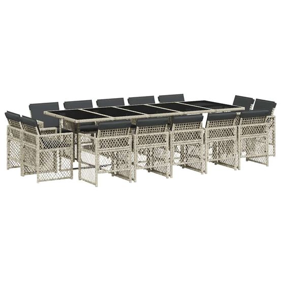 Ensemble à manger de jardin et coussins 15 pcs gris clair rotin