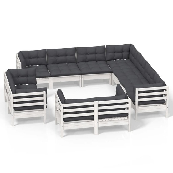 Salon de jardin 11 pcs avec coussins blanc bois de pin solide