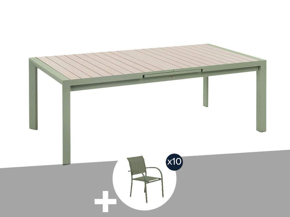 Table de jardin rectangulaire extensible alu evasion 8/10 places effet bois et v