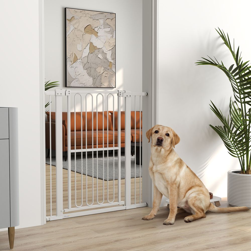 Barrière pour chien en acier blanc 76-104 x 104 cm sans perçage avec double verrouillage pour portes et escaliers