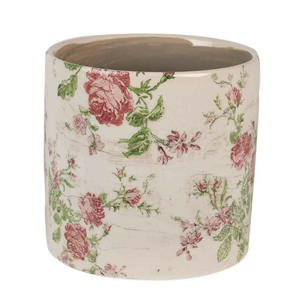 Pot motif florale rose céramique beigne 14x14x13cm