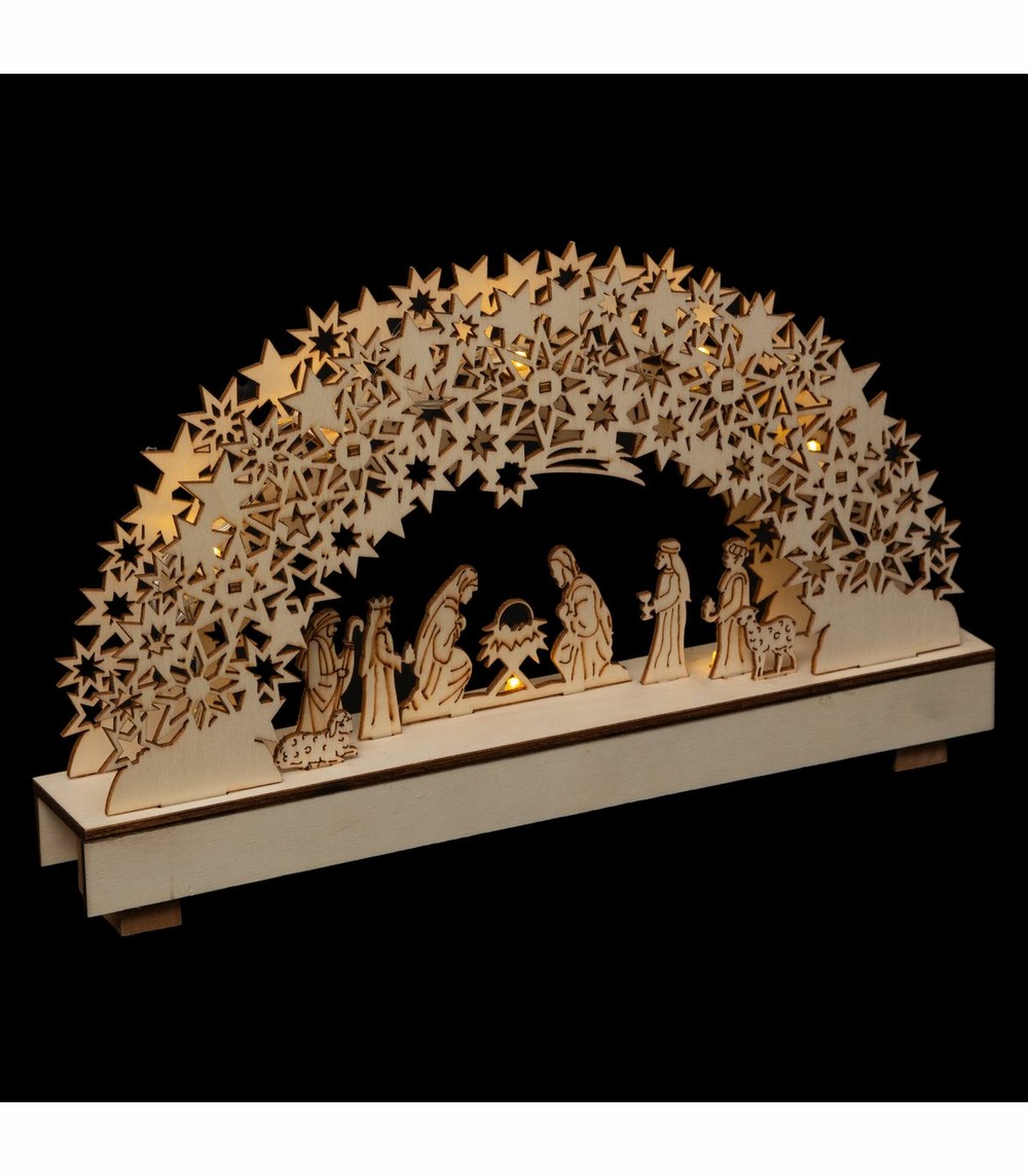 Crèche de noël lumineuse en bois 9 santons et 8 led blanc chaud