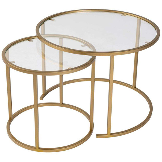 Ensemble de 2 tables gigognes rondes en métal et verre aurum
