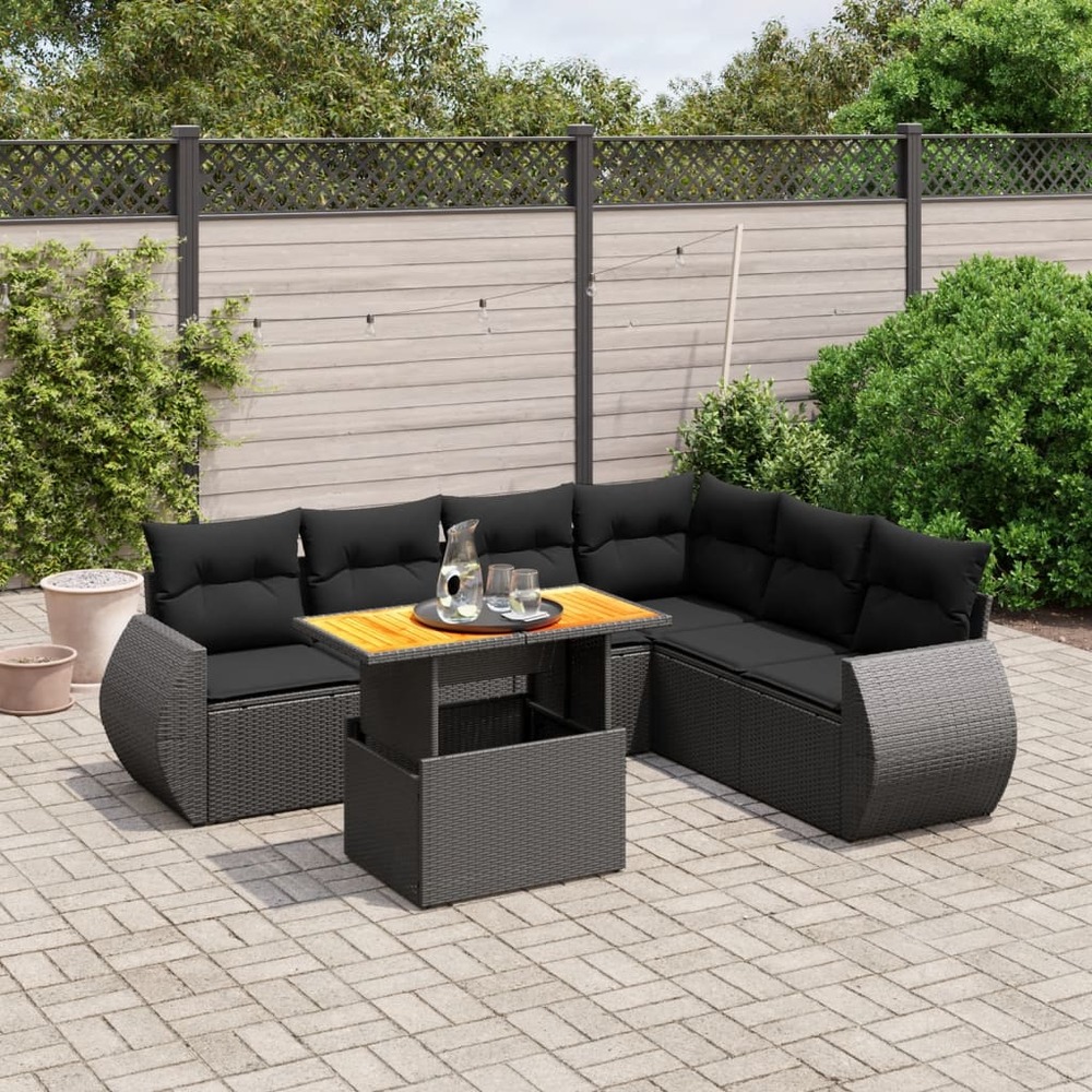 Salon de jardin 7 pcs avec coussins noir résine tressée