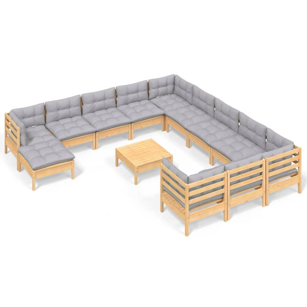 Salon de jardin 13 pcs avec coussins gris bois de pin