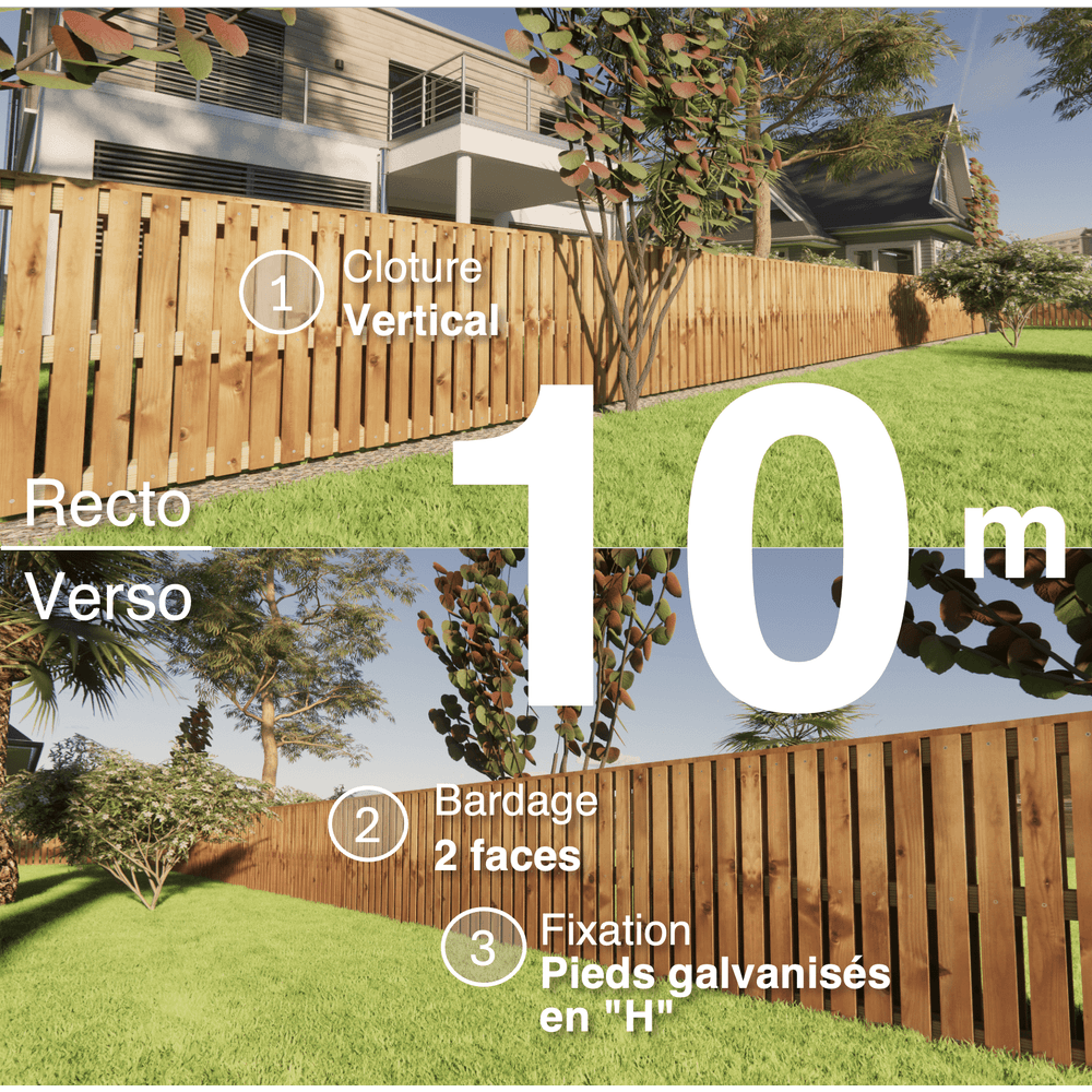 Kit clôture bois moderne 10m – h 0,9m – 20 x 70 mm autoclave marron – pose vertical – double face – support galva