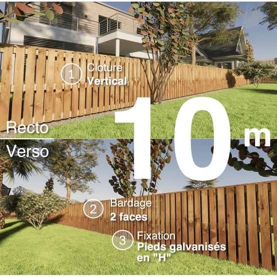 Kit clôture bois moderne 10m – h 0,9m – 20 x 70 mm autoclave marron – pose vertical – double face – support galva