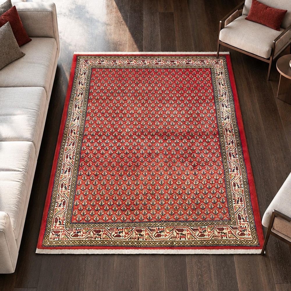 Tapis d'orient, 110 x 150 cm, rouge, crème et noir, en laine, hamadan 51
