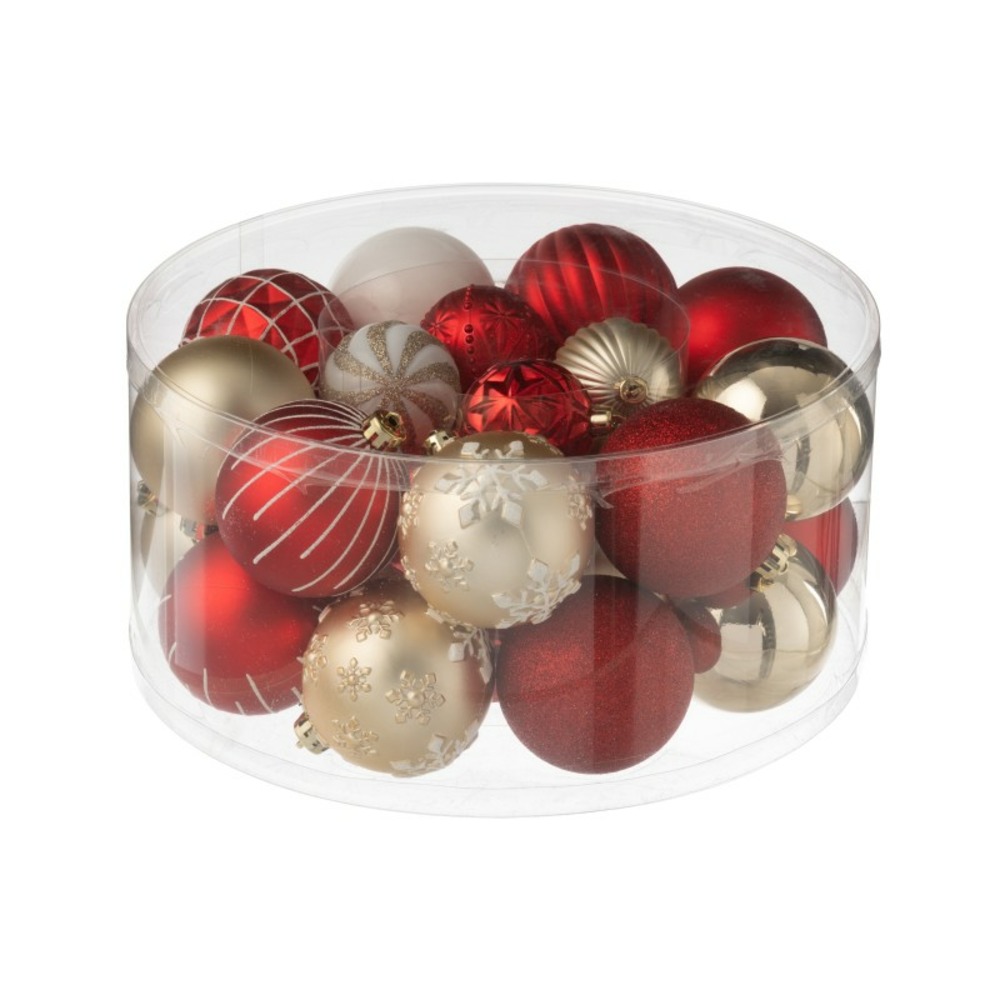 Boite de 30 boules de noël en plastique rouge d4 et 8 cm