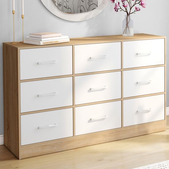 Commode 9 tiroirs en tissu uppah 113 cm meuble de rangement bois façon hêtre et blanc