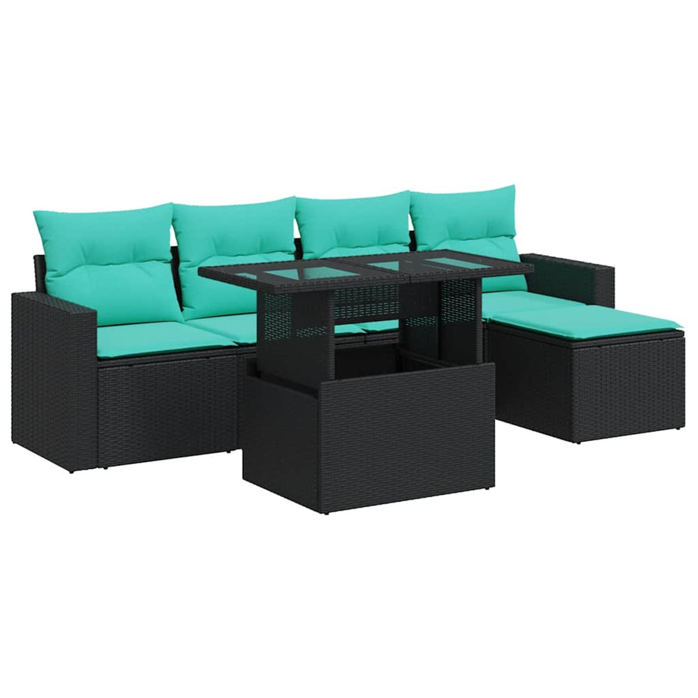 Salon de jardin 6 pcs avec coussins noir résine tressée acacia