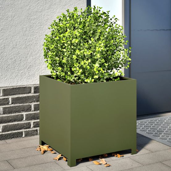 Grand pot de fleurs carré acier pour jardin vert olive 50cm