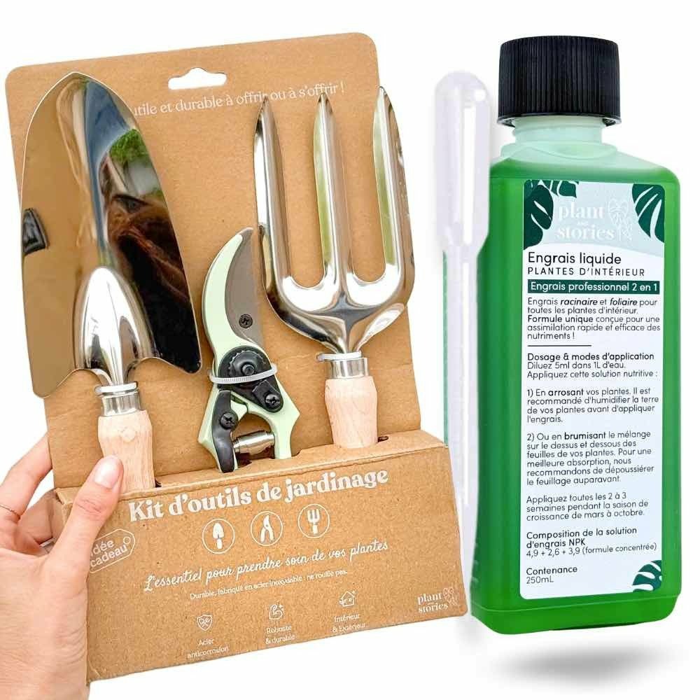 Duo - kit de 3 outils + engrais liquide universel 250ml - pack vitalité
