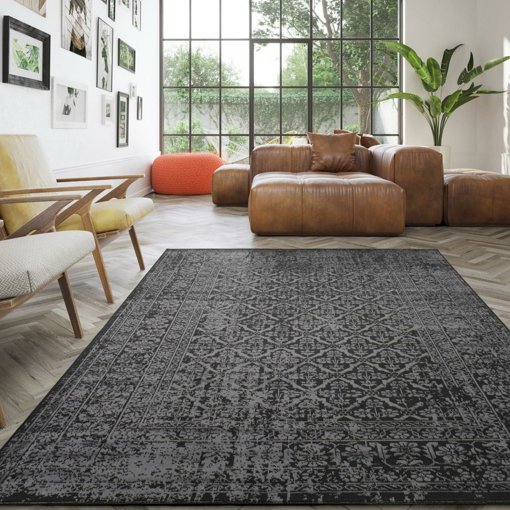 Tapis salon 80x150 tissé noir rectangle motif ethnique lumin 4