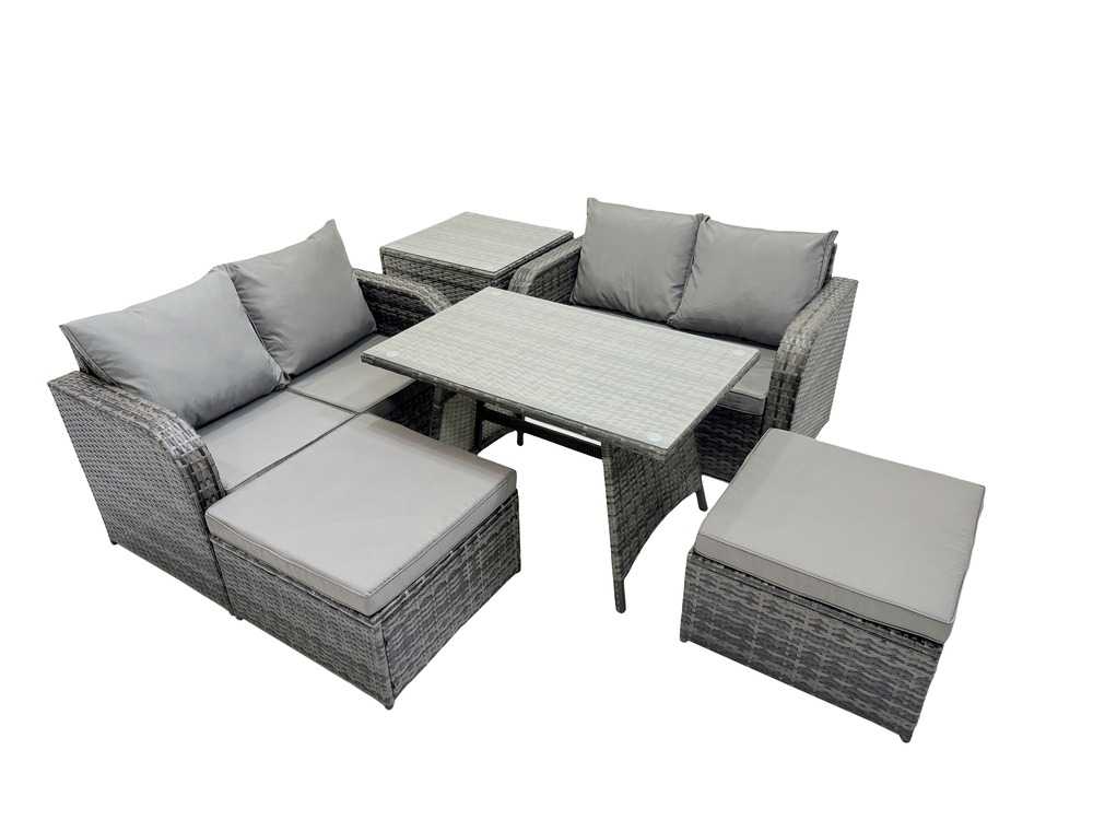 Ensembles de meubles de jardin 6 places avec 2 grand tabourets table d'appoint gris foncé mixte