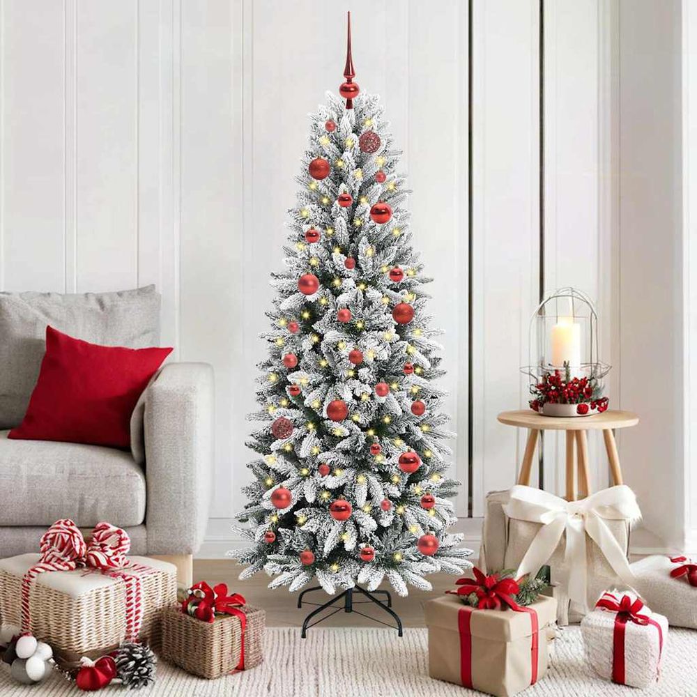 Sapin de noël blanc givré 150cm, kit complet prêt à poser avec 150 led et 61 ornements