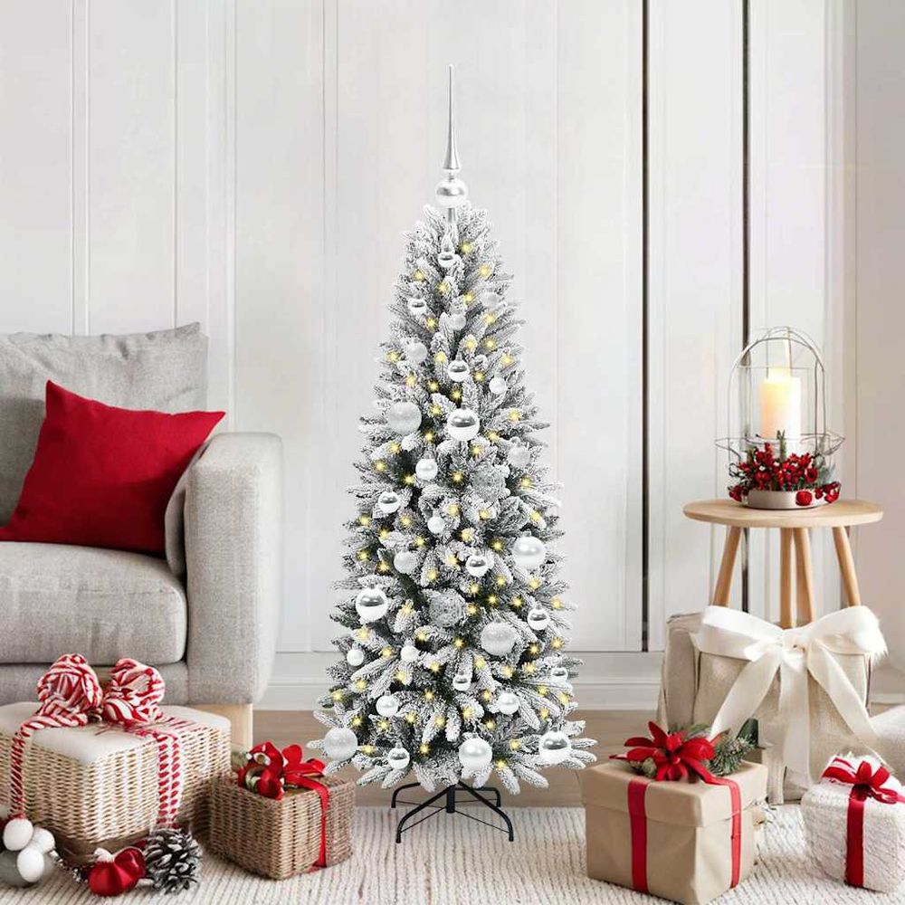 Sapin de noël artificiel enneigé 120 cm, kit lumineux complet avec 150 led et boules