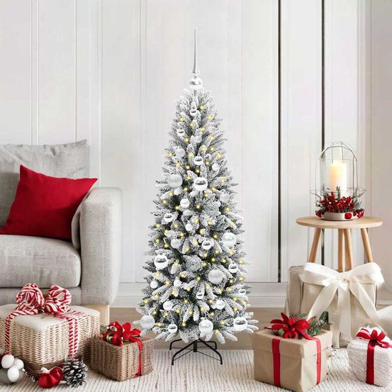 Sapin de noël artificiel enneigé 120 cm, kit lumineux complet avec 150 led et boules