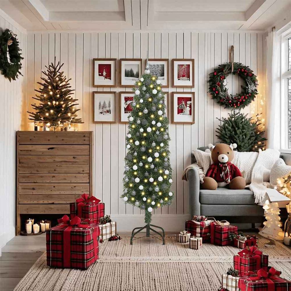 Kit sapin de noël artificiel 180 cm pré-illuminé, forme conique et 120 boules incluses