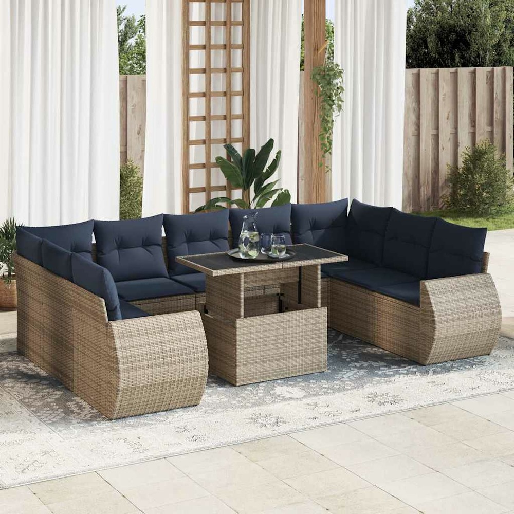 Salon de jardin avec coussins 10 pcs gris résine tressée acacia