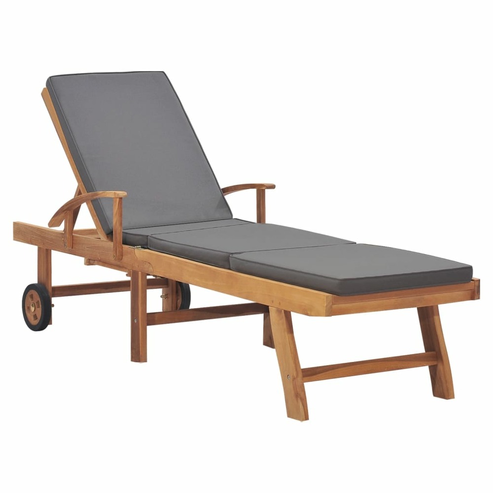 Transat chaise longue bain de soleil lit de jardin terrasse meuble d'extérieur avec coussin bois de teck solide gris foncé 02