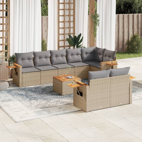 Salon de jardin avec coussins 9 pcs beige résine tressée