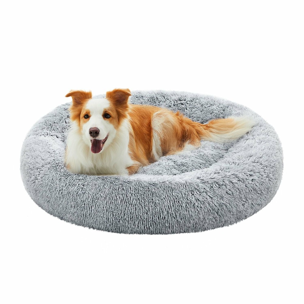 Panier pour chien lit ronde en forme de beignet canapé coussin central amovible et lavable tissu peluche doux ø100 cm gris cl
